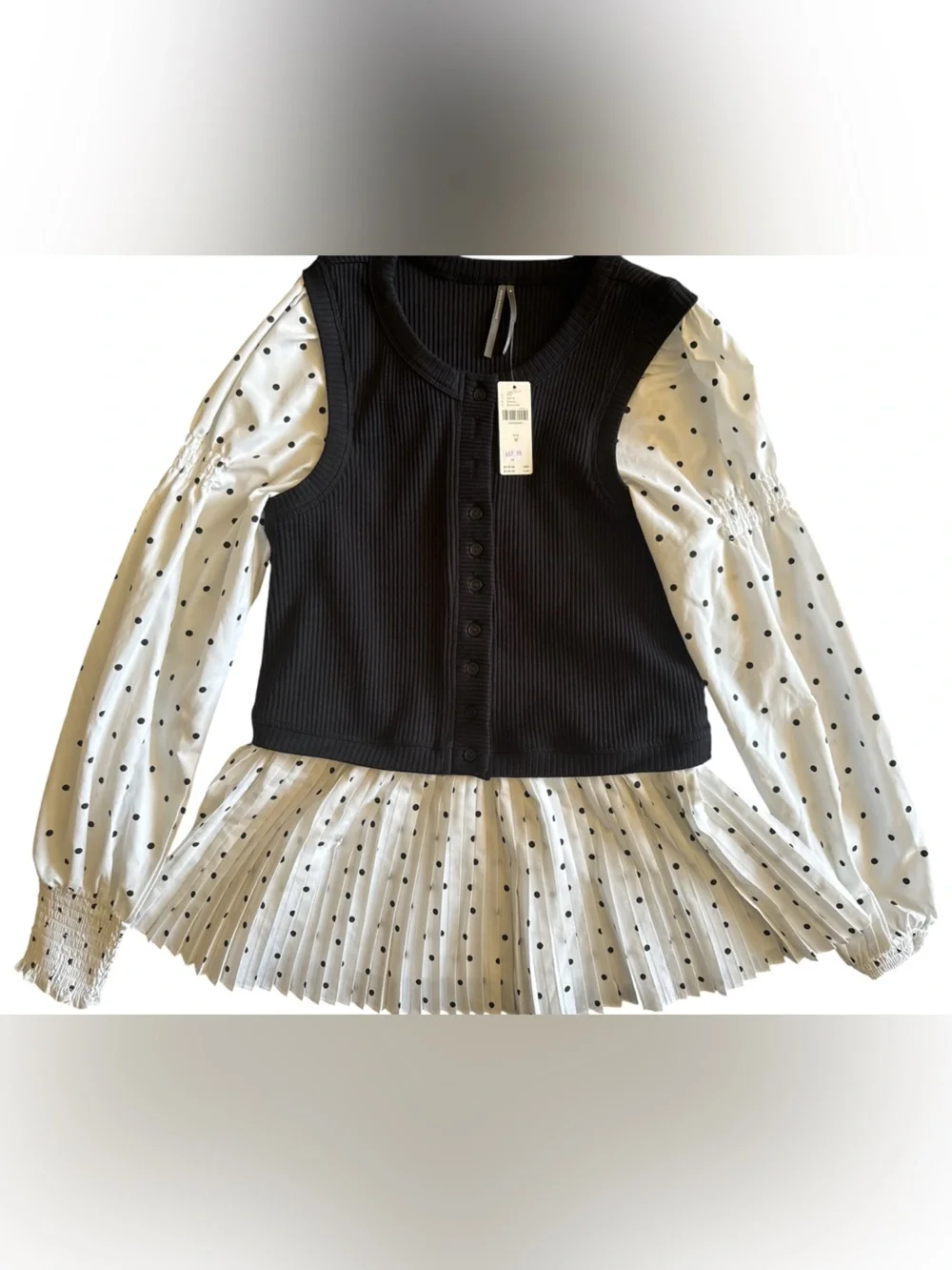 Anthropologie Black Knit Bodice with White Polka Dot Sleeves Blouse